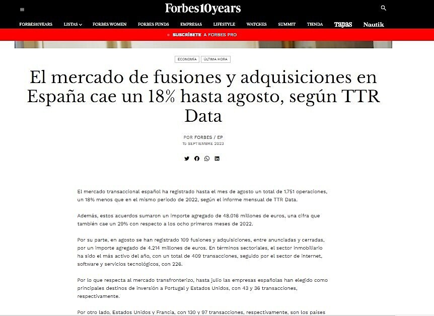 El mercado de fusiones y adquisiciones en Espaa cae un 18% hasta agosto, segn TTR Data